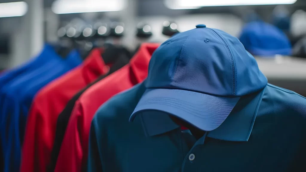 Bonés e camisetas polo em tons de azul e vermelho organizados em cabides em uma loja de uniformes.