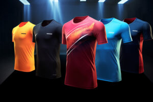 Conjunto de camisetas esportivas em diferentes cores, expostas lado a lado, com design moderno e tecido esportivo.